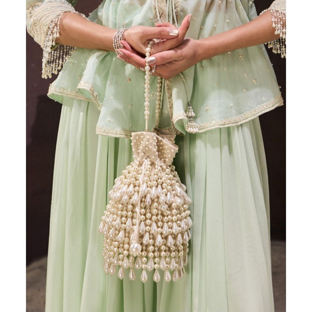 House Of Kosha Zarah Ivory Pearl Suede Potli with Detachable Strap