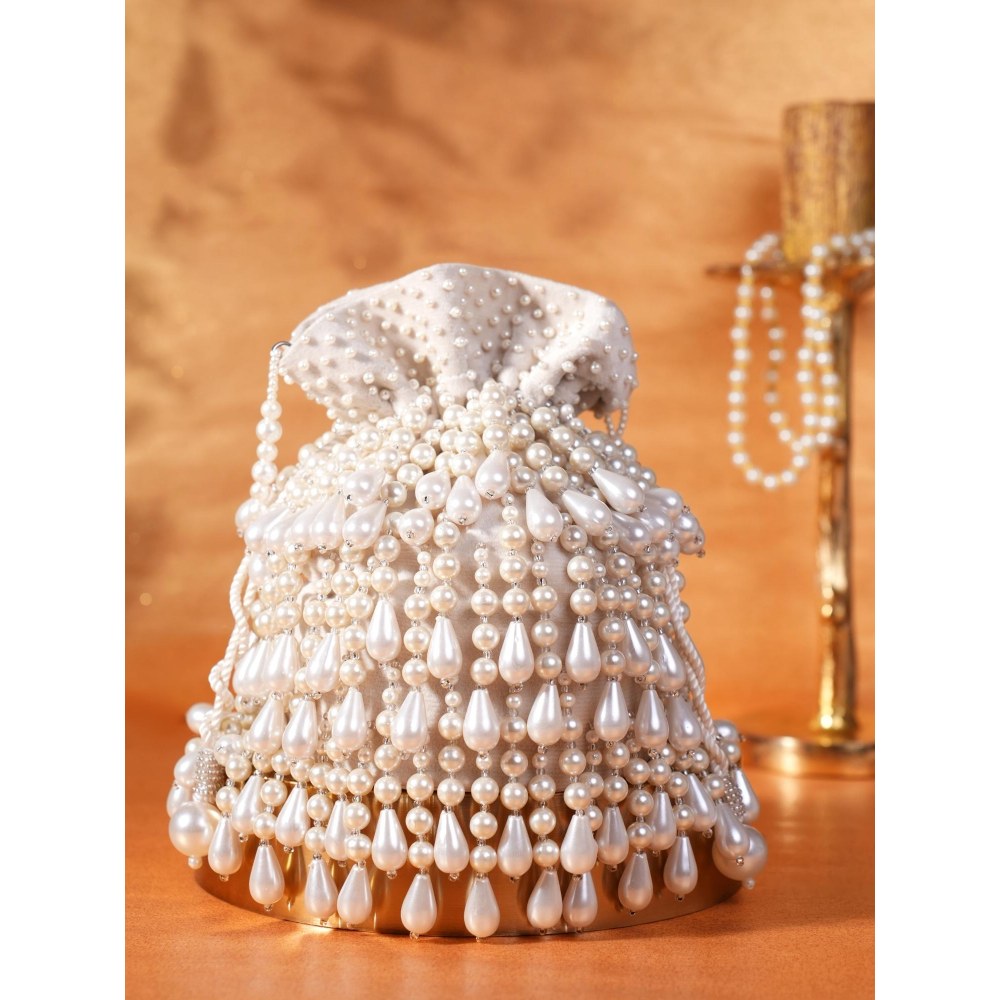 House Of Kosha Zarah Ivory Pearl Suede Potli with Detachable Strap