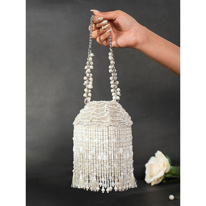 House Of Kosha Nova Silver Suede Embellished Potli with Detachable Strap