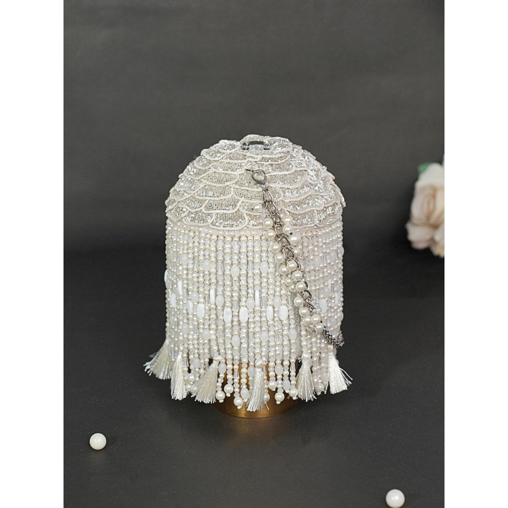 House Of Kosha Nova Silver Suede Embellished Potli with Detachable Strap