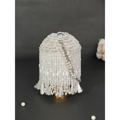 House Of Kosha Nova Silver Suede Embellished Potli with Detachable Strap
