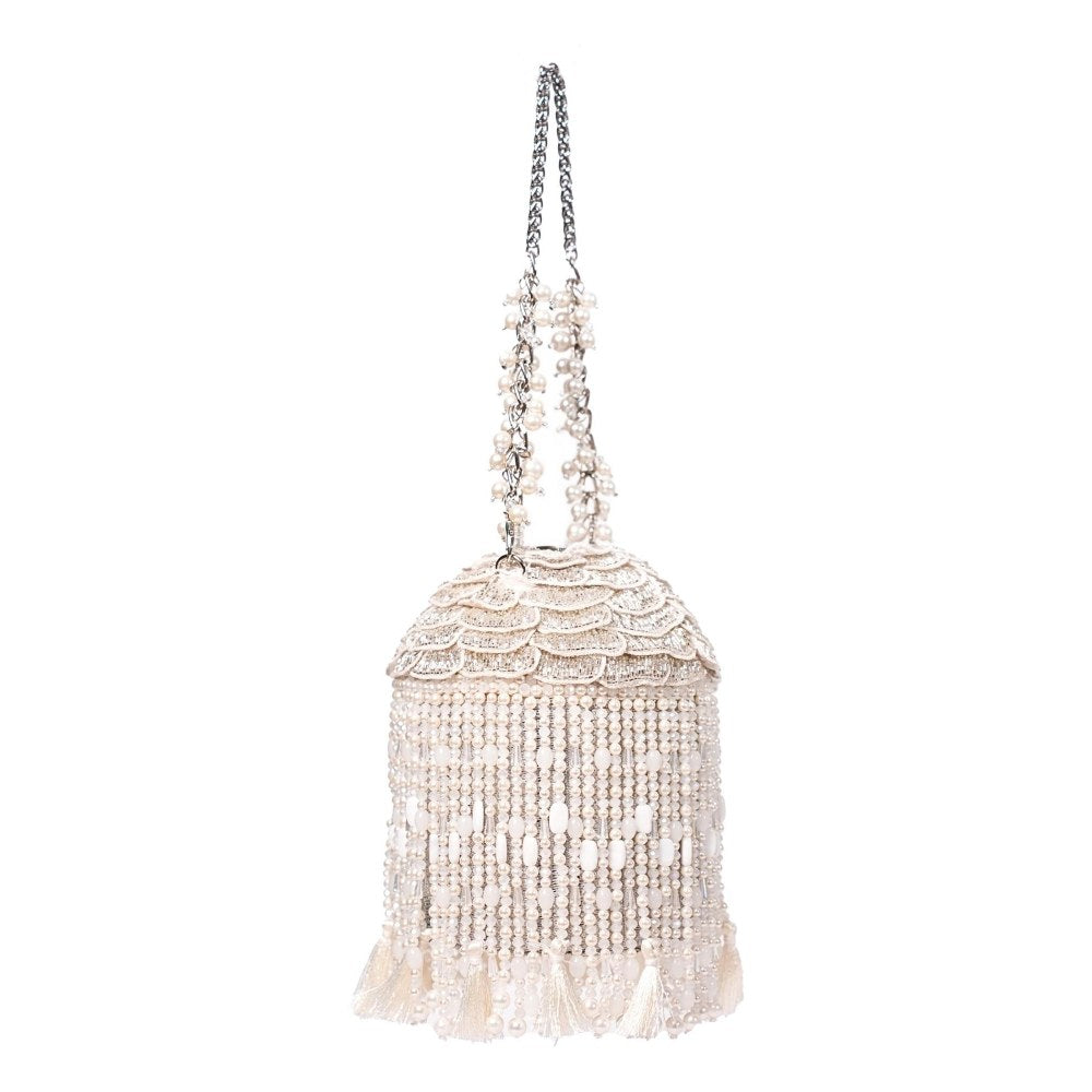 House Of Kosha Nova Silver Suede Embellished Potli with Detachable Strap