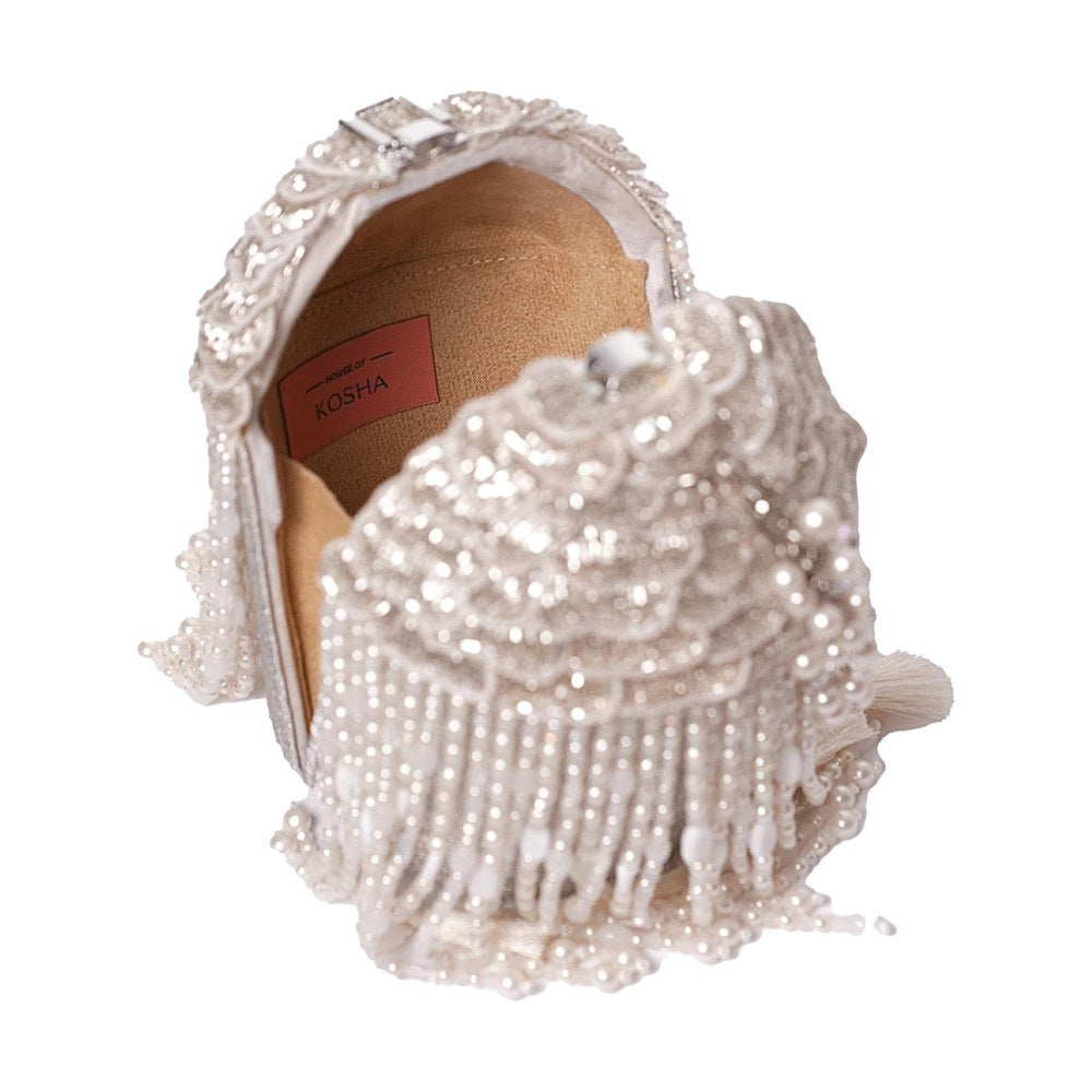 House Of Kosha Nova Silver Suede Embellished Potli with Detachable Strap