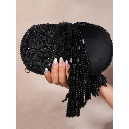 House Of Kosha Azmat Black Suede Embellished Clutch with Detachable Strap