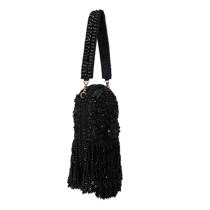 House Of Kosha Azmat Black Suede Embellished Clutch with Detachable Strap