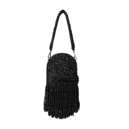 House Of Kosha Azmat Black Suede Embellished Clutch with Detachable Strap