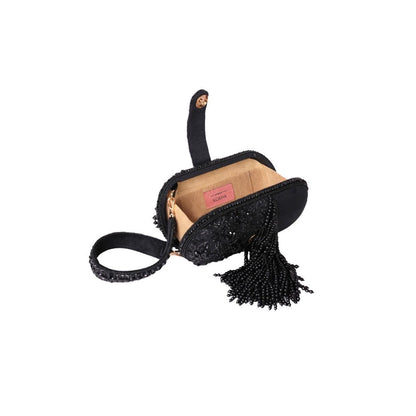 House Of Kosha Azmat Black Suede Embellished Clutch with Detachable Strap