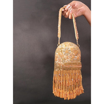 House Of Kosha Azmat Gold Suede Embellished Clutch with Detachable Strap