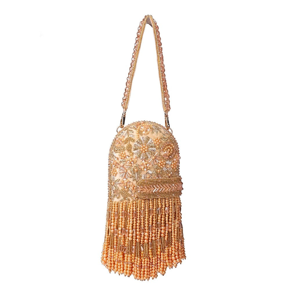 House Of Kosha Azmat Gold Suede Embellished Clutch with Detachable Strap