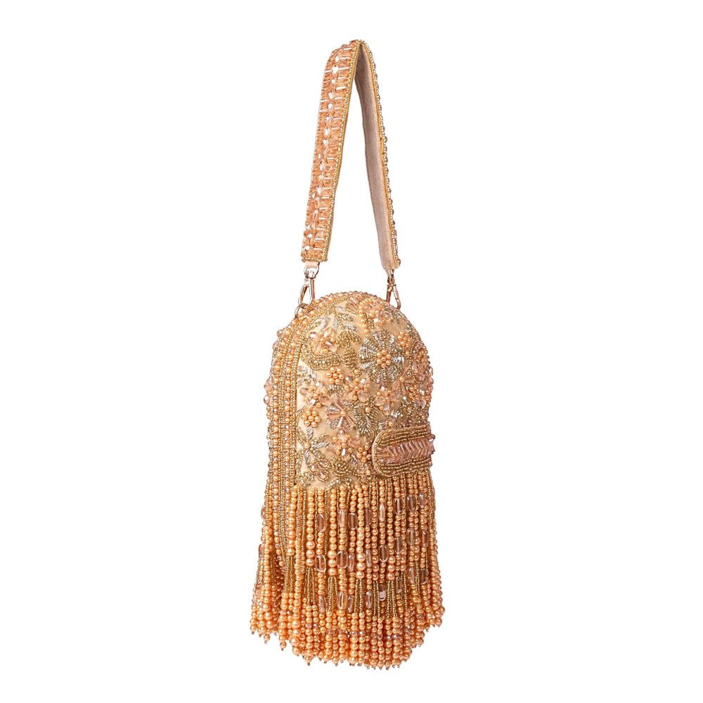 House Of Kosha Azmat Gold Suede Embellished Clutch with Detachable Strap