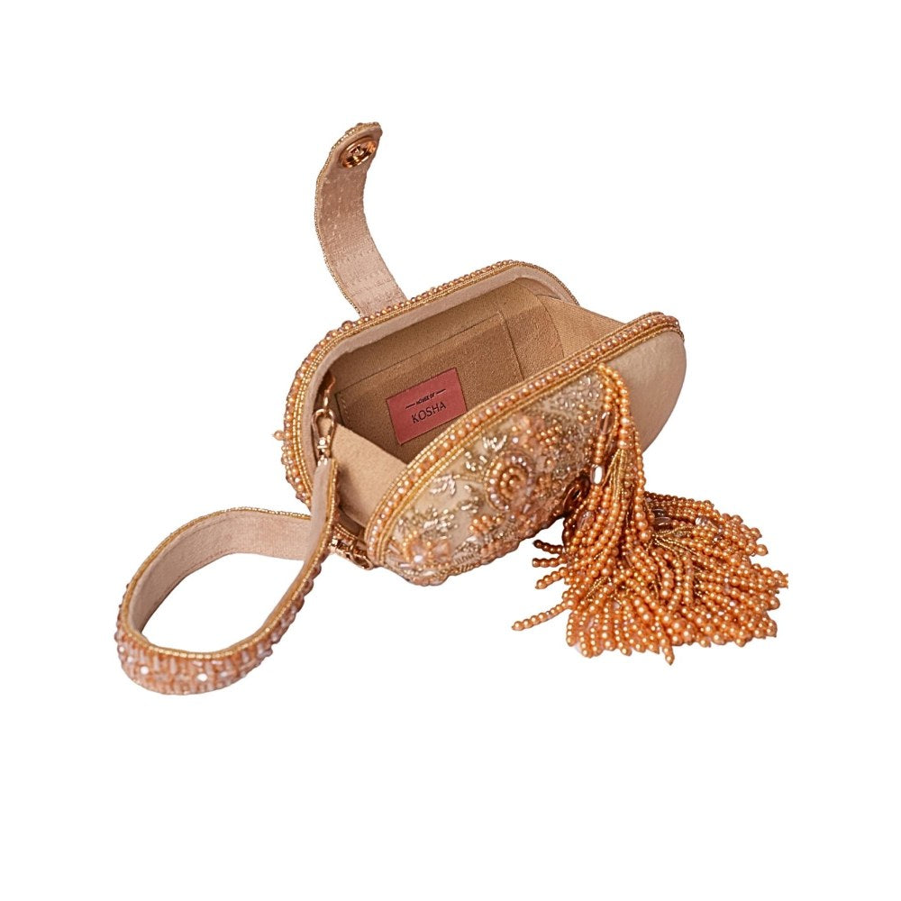 House Of Kosha Azmat Gold Suede Embellished Clutch with Detachable Strap