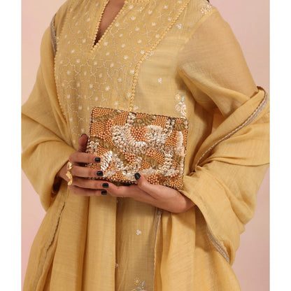 House Of Kosha Amna Gold Suede Embellished Clutch with Detachable Strap