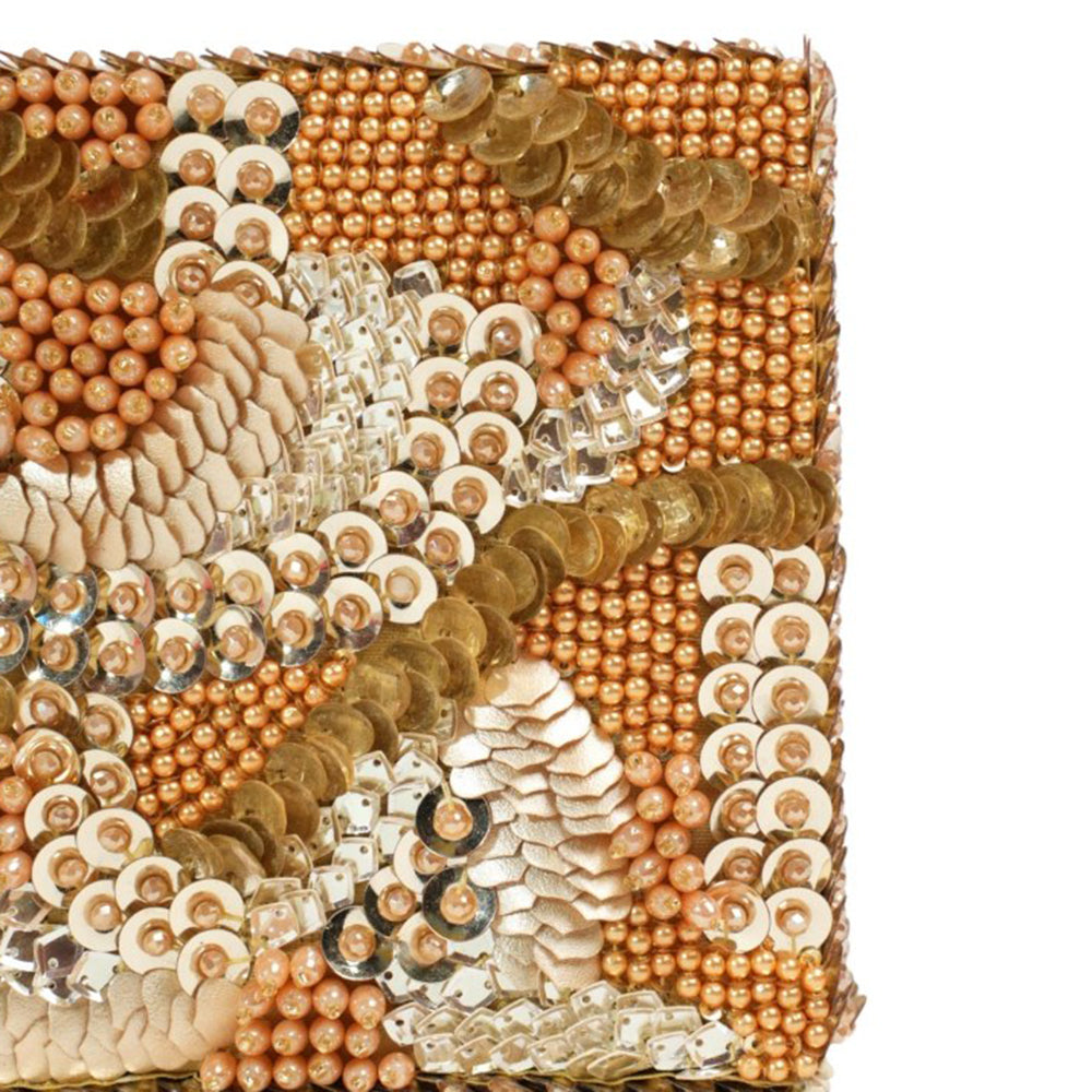 House Of Kosha Amna Gold Suede Embellished Clutch with Detachable Strap