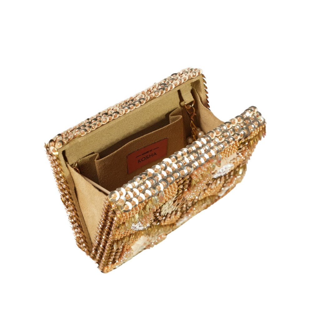 House Of Kosha Amna Gold Suede Embellished Clutch with Detachable Strap