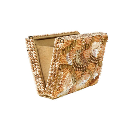 House Of Kosha Amna Gold Suede Embellished Clutch with Detachable Strap