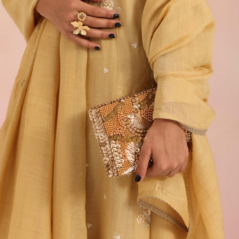 House Of Kosha Amna Gold Suede Embellished Clutch with Detachable Strap