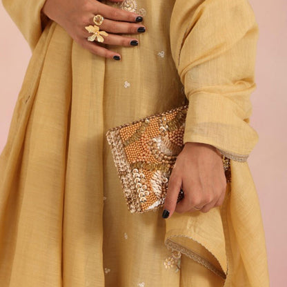 House Of Kosha Amna Gold Suede Embellished Clutch with Detachable Strap