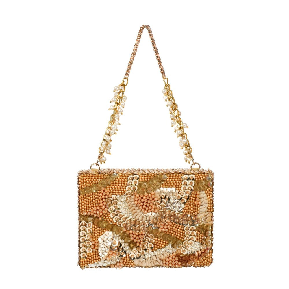 House Of Kosha Amna Gold Suede Embellished Clutch with Detachable Strap