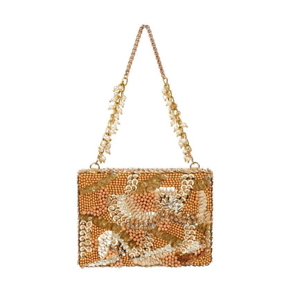 House Of Kosha Amna Gold Suede Embellished Clutch with Detachable Strap