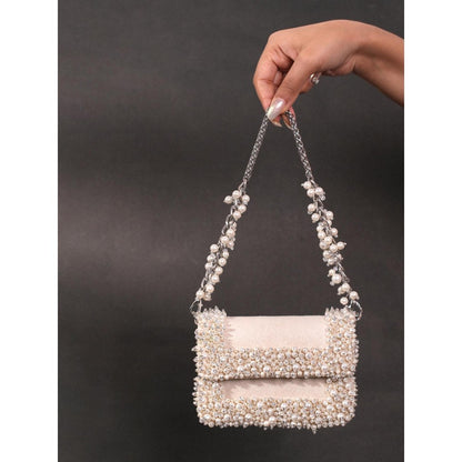 House Of Kosha Aliya Ivory Suede Pearl Embellished Clutch with Detachable Strap