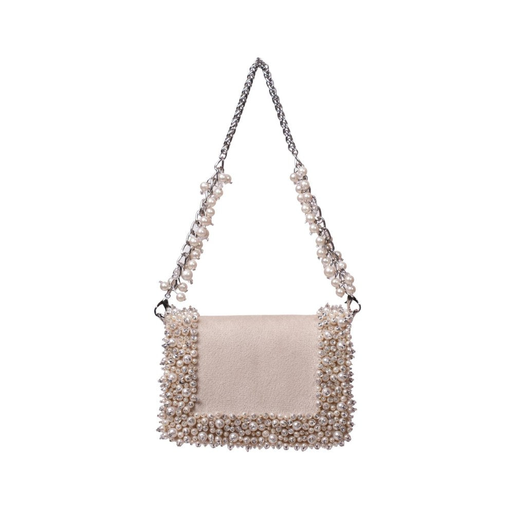 House Of Kosha Aliya Ivory Suede Pearl Embellished Clutch with Detachable Strap