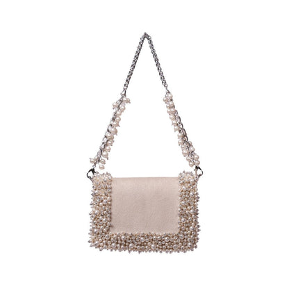 House Of Kosha Aliya Ivory Suede Pearl Embellished Clutch with Detachable Strap
