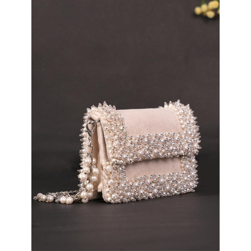 House Of Kosha Aliya Ivory Suede Pearl Embellished Clutch with Detachable Strap
