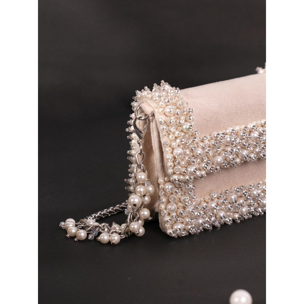 House Of Kosha Aliya Ivory Suede Pearl Embellished Clutch with Detachable Strap
