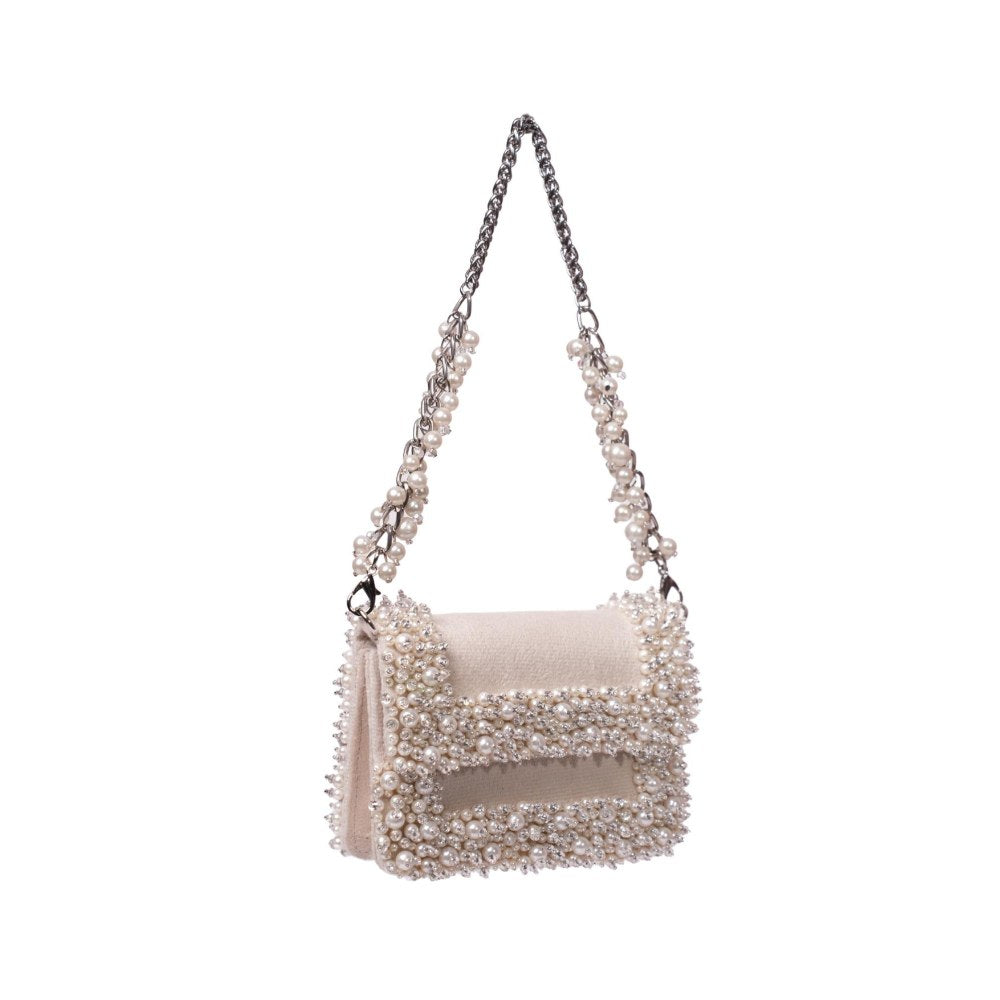 House Of Kosha Aliya Ivory Suede Pearl Embellished Clutch with Detachable Strap
