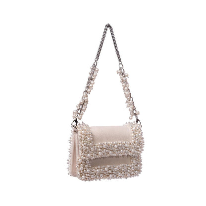 House Of Kosha Aliya Ivory Suede Pearl Embellished Clutch with Detachable Strap