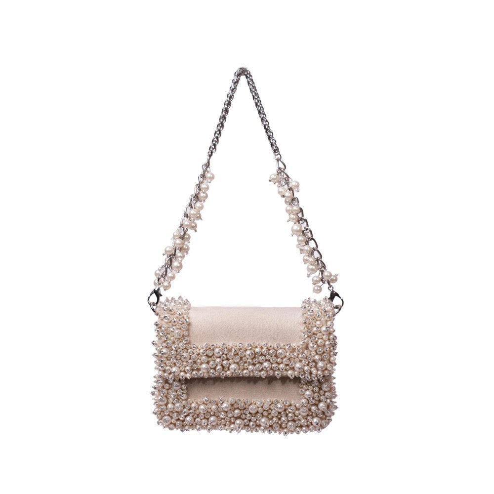 House Of Kosha Aliya Ivory Suede Pearl Embellished Clutch with Detachable Strap