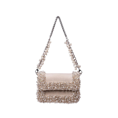 House Of Kosha Aliya Ivory Suede Pearl Embellished Clutch with Detachable Strap