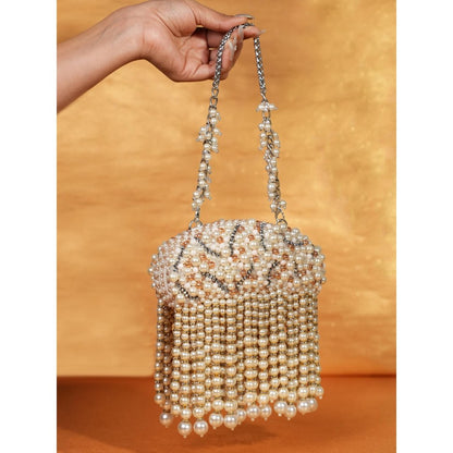 House Of Kosha Chloe Ivory Suede Clutch with Big Pearl Hanging Sling Chain