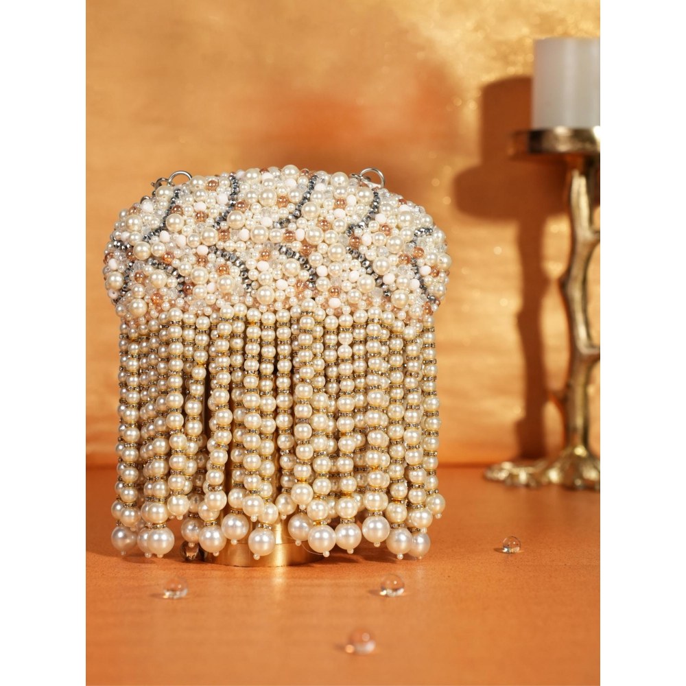 House Of Kosha Chloe Ivory Suede Clutch with Big Pearl Hanging Sling Chain