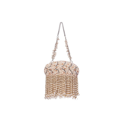 House Of Kosha Chloe Ivory Suede Clutch with Big Pearl Hanging Sling Chain