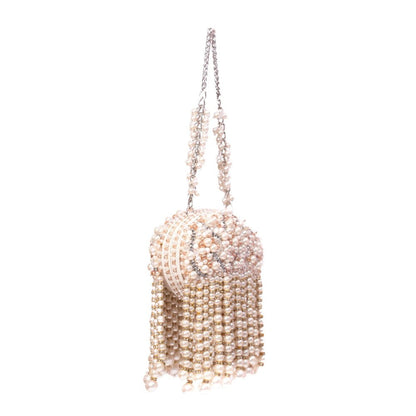 House Of Kosha Chloe Ivory Suede Clutch with Big Pearl Hanging Sling Chain