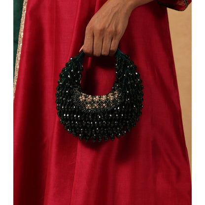 House Of Kosha Alara Green Suede Embellished Clutch