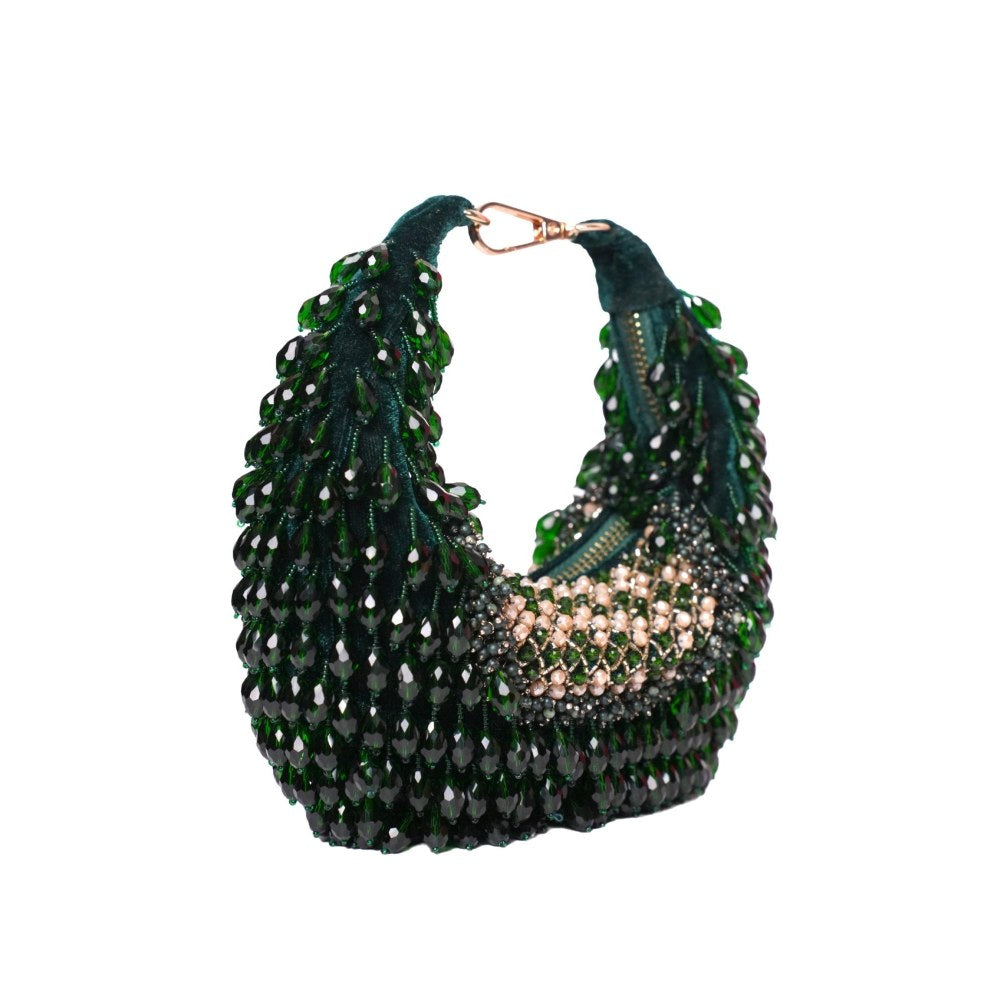 House Of Kosha Alara Green Suede Embellished Clutch