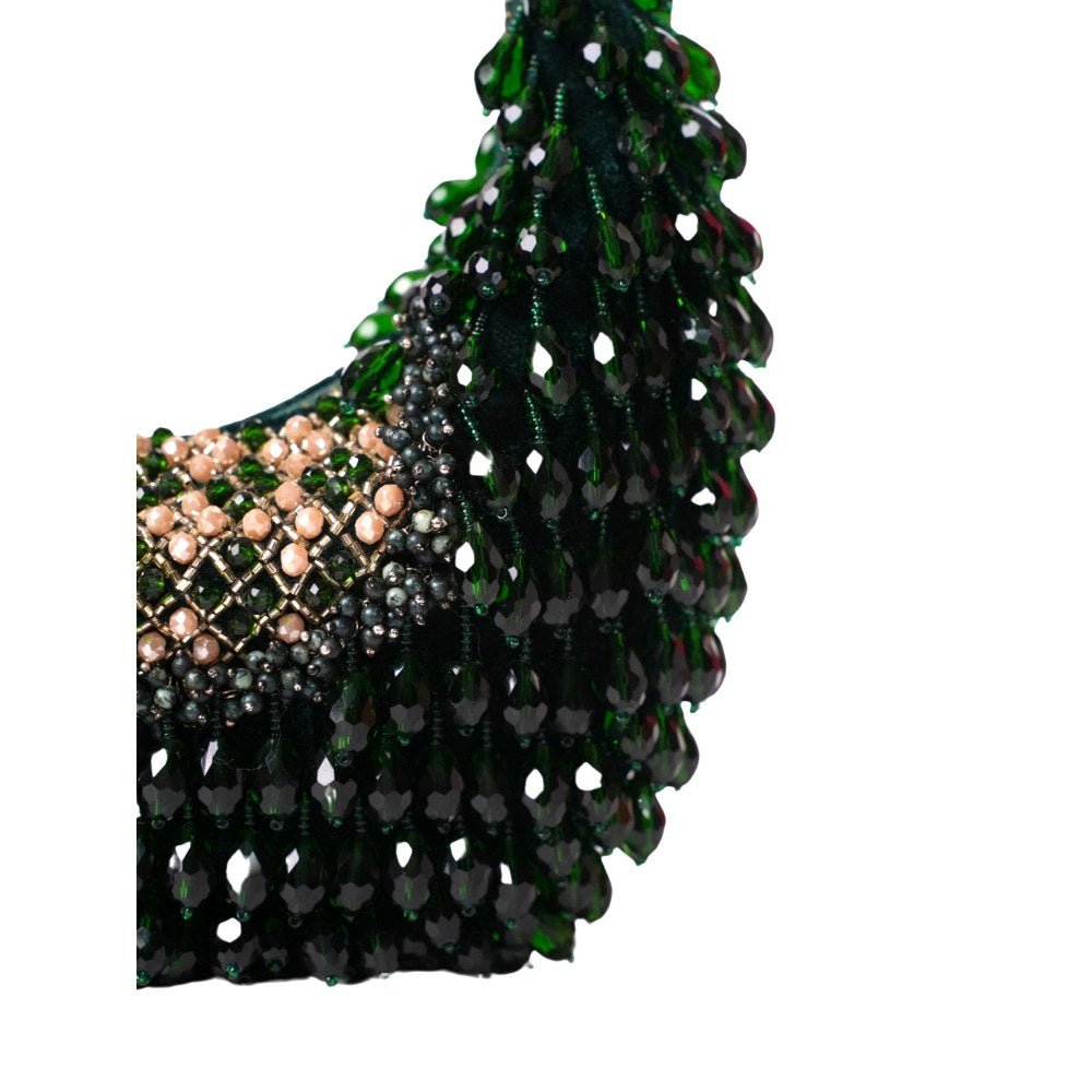 House Of Kosha Alara Green Suede Embellished Clutch