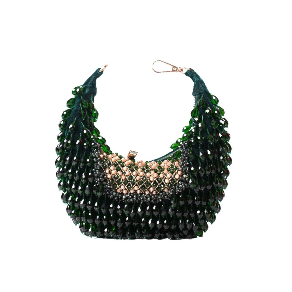 House Of Kosha Alara Green Suede Embellished Clutch