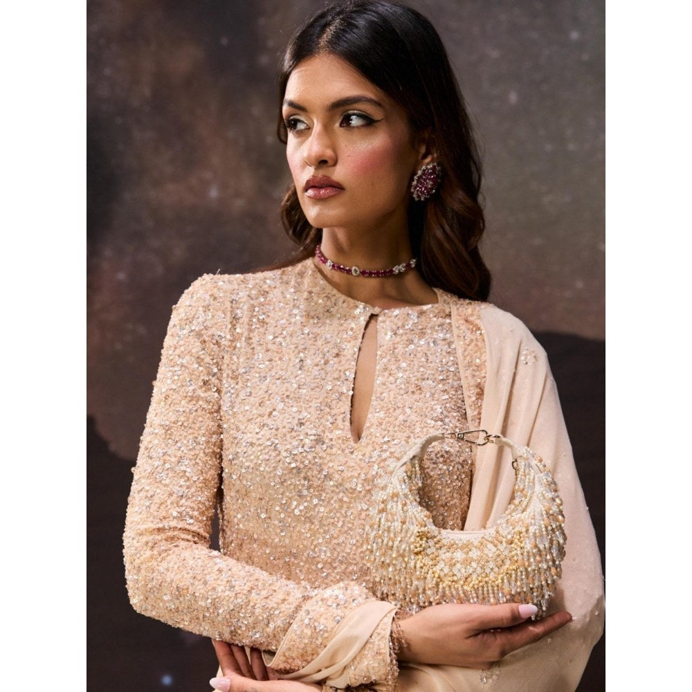 House Of Kosha Alara Ivory Pastel Suede Embellished Clutch