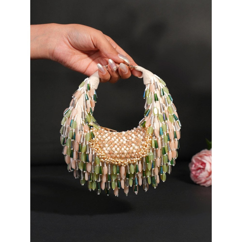 House Of Kosha Alara Green Pastel Suede Embellished Clutch