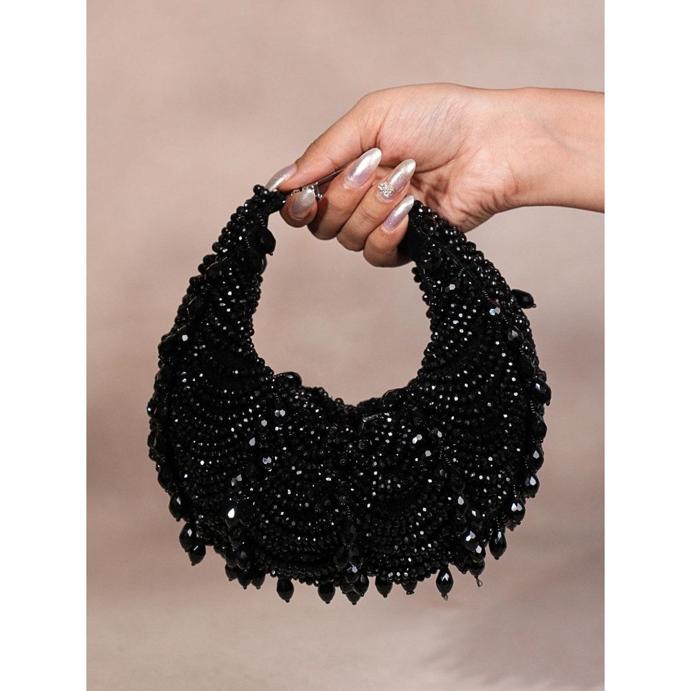 House Of Kosha Emma Black Suede Pearl Embellished Clutch