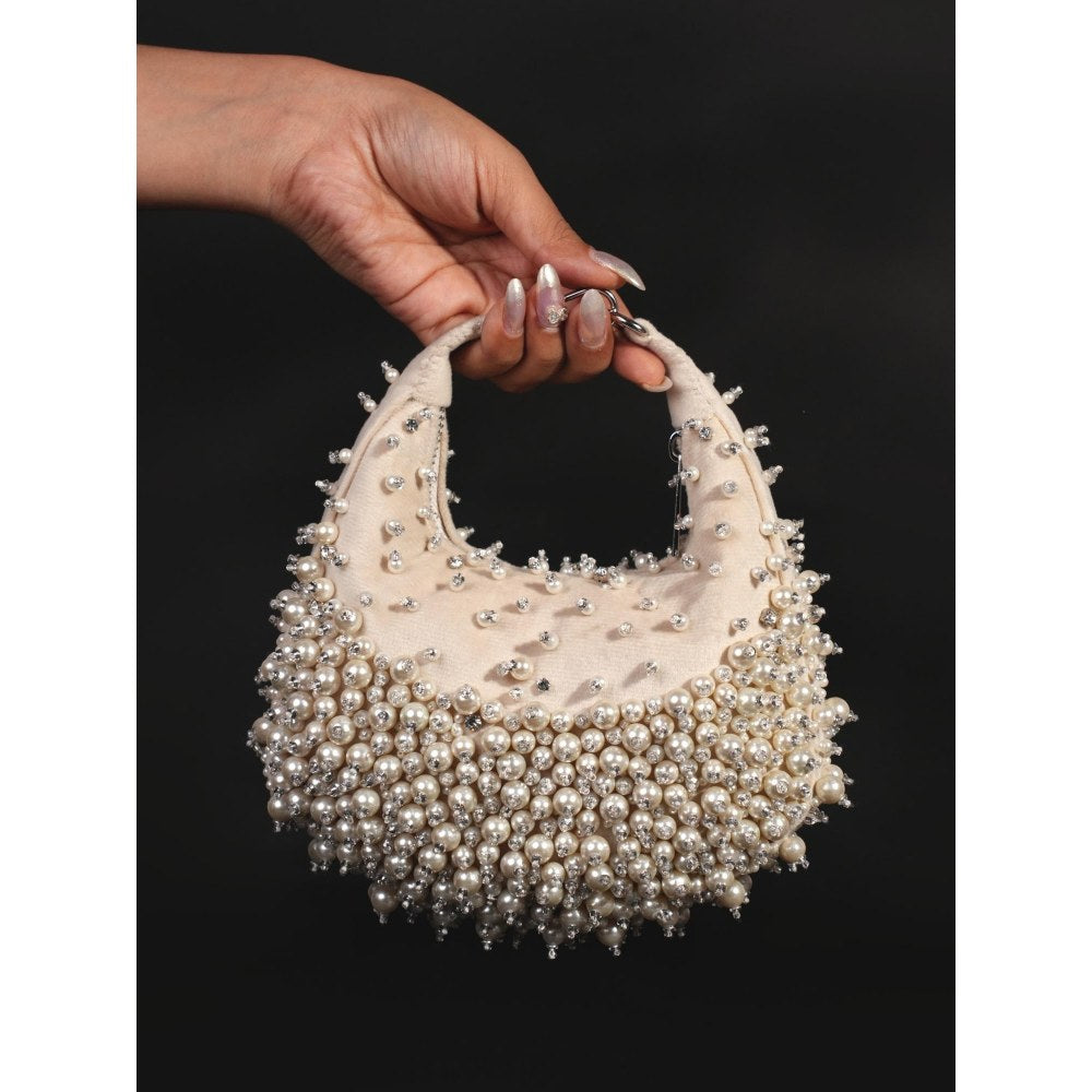 House Of Kosha Aliya Ivory Suede Embellished Clutch