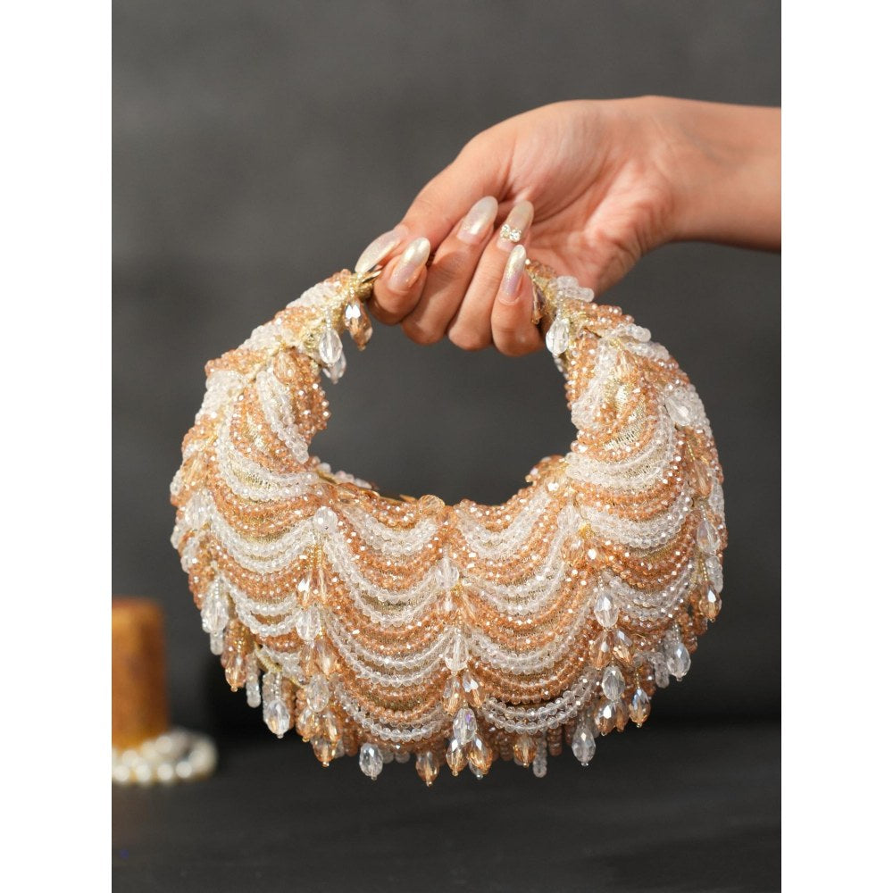 House Of Kosha Liona Gold Georgette Embellished Clutch
