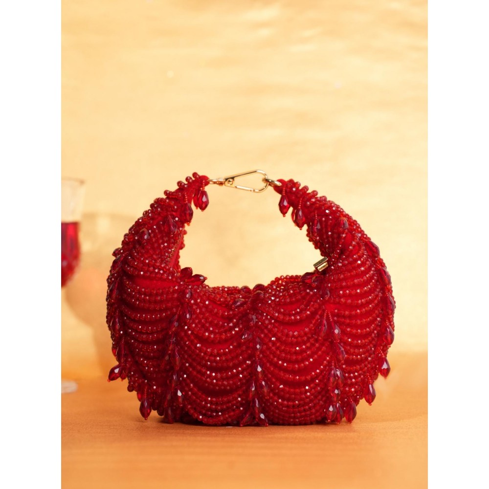 House Of Kosha Liona Red Suede Embellished Clutch