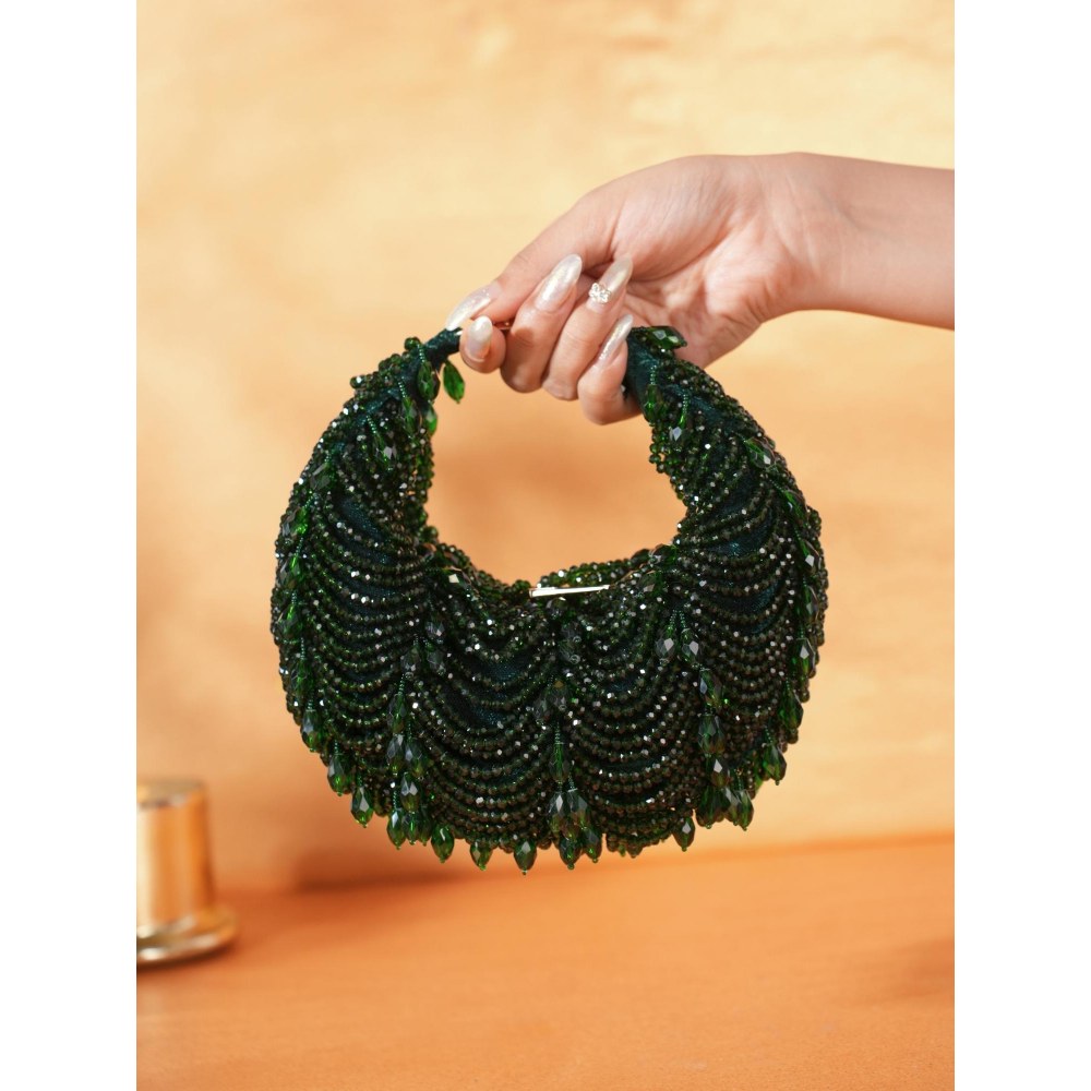 House Of Kosha Liona Green Suede Embellished Clutch