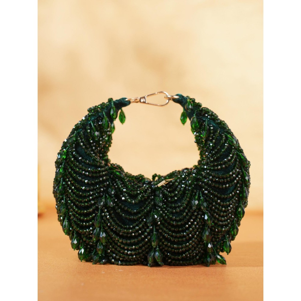 House Of Kosha Liona Green Suede Embellished Clutch