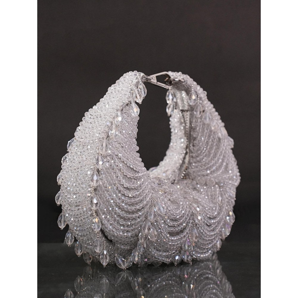House Of Kosha Liona Silver Suede Embellished Clutch