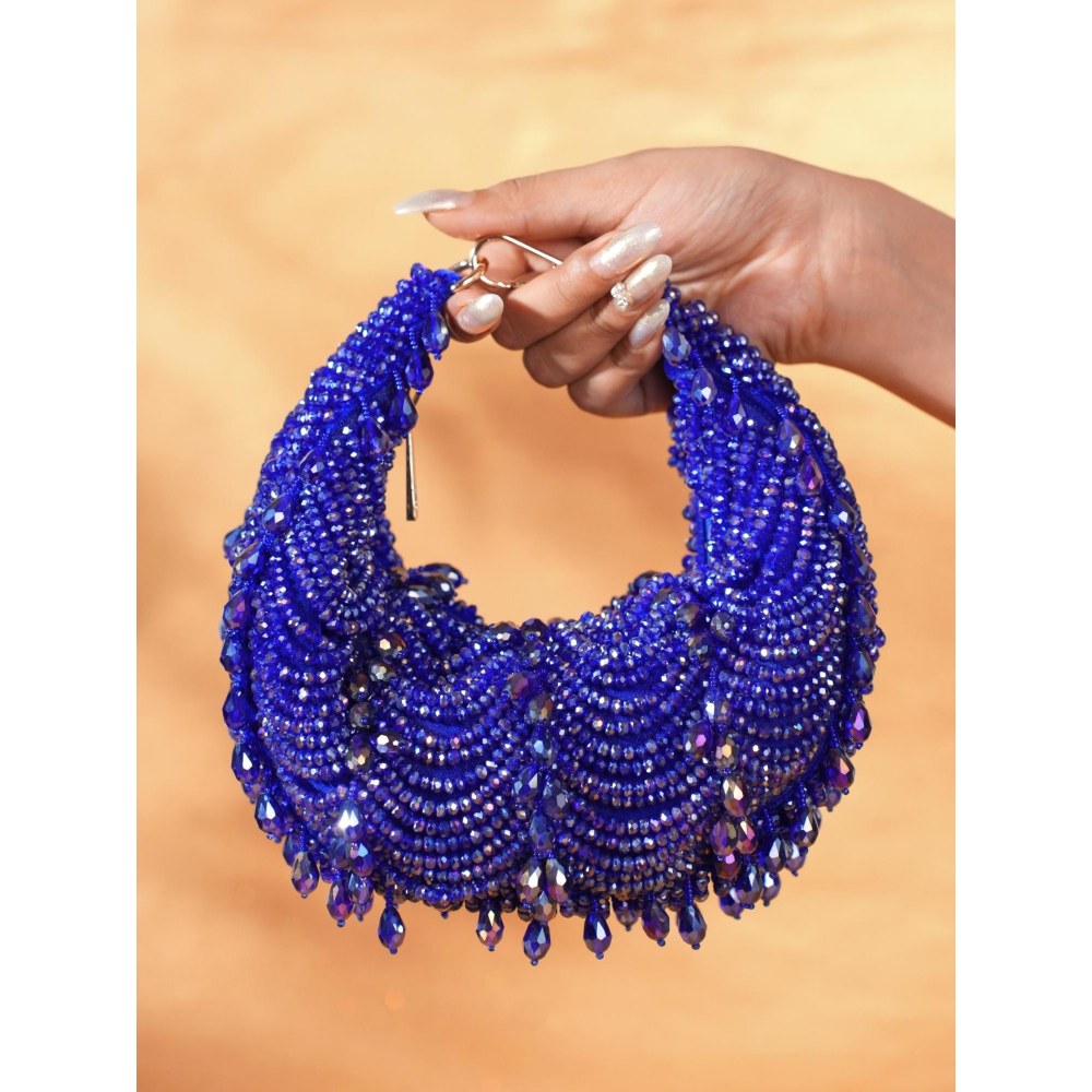 House Of Kosha Liona Royal Blue Suede Embellished Clutch